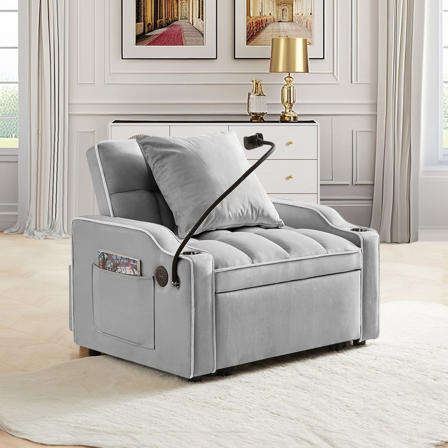 3-in-1 Convertible Sleeper Chair Bed with Charge Ports, Phone Stand and Cup Holders