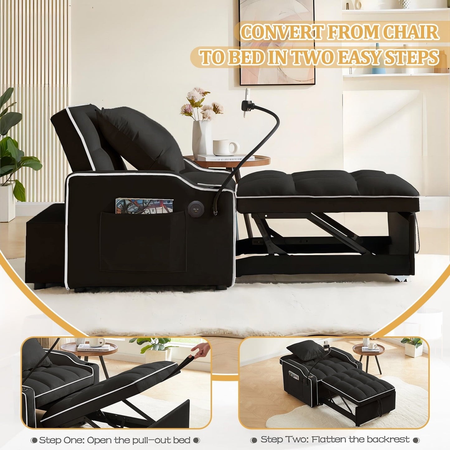3-in-1 Convertible Sleeper Chair Bed with Charge Ports, Phone Stand and Cup Holders
