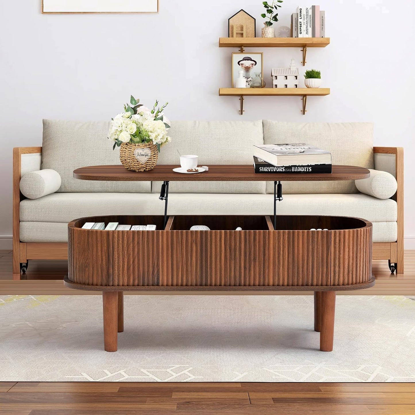 Fluted Lift Top Coffee Table with Hidden Compartment