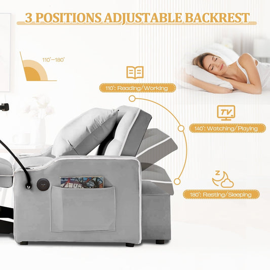 3-in-1 Convertible Sleeper Chair Bed with Charge Ports, Phone Stand and Cup Holders