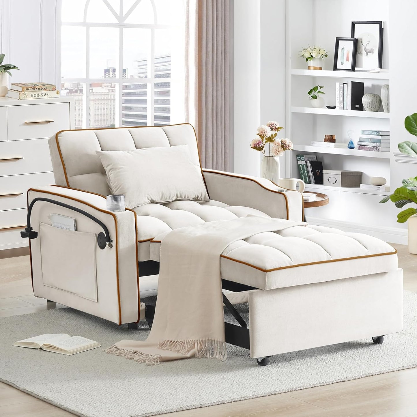 3-in-1 Convertible Sleeper Chair Bed with Charge Ports, Phone Stand and Cup Holders