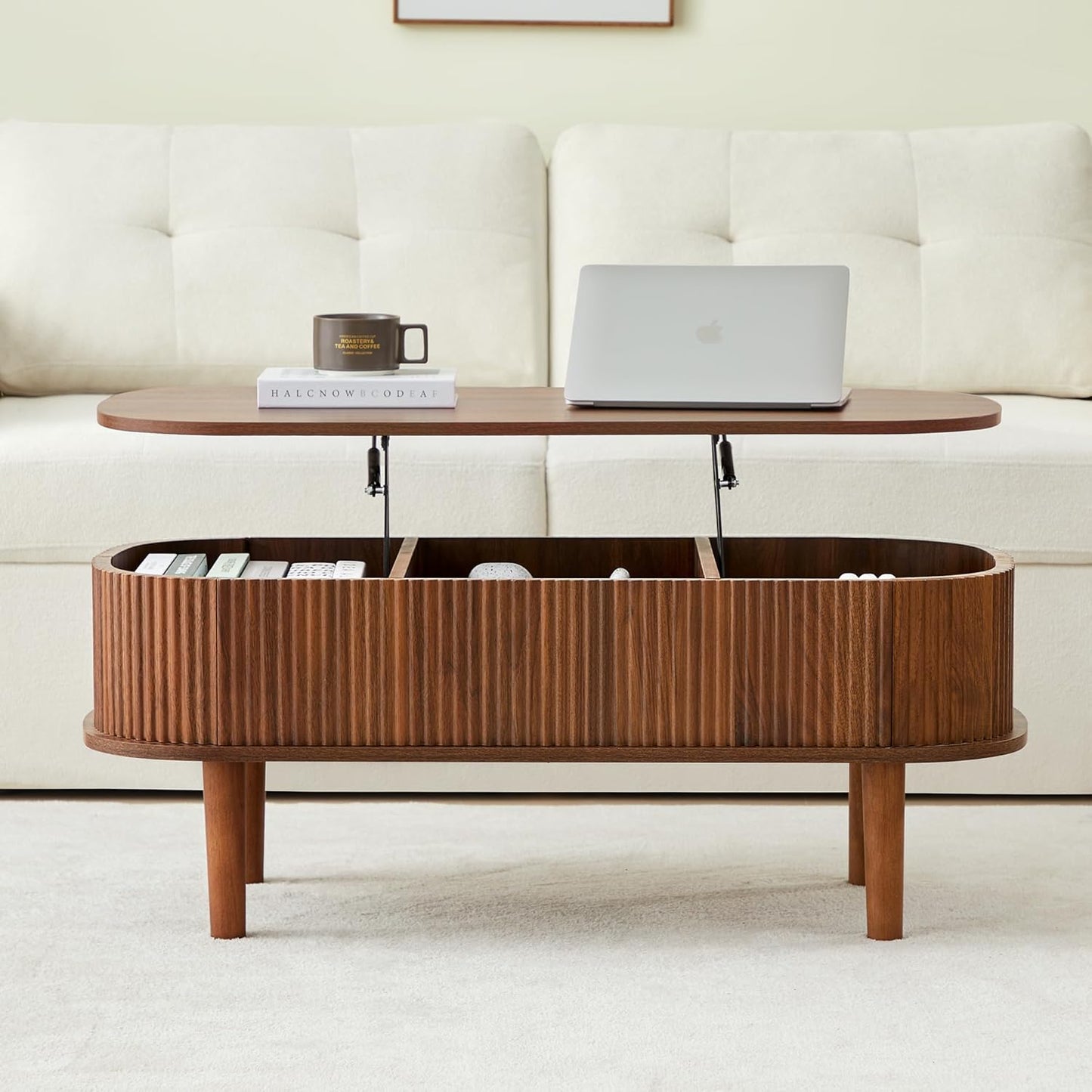 Fluted Lift Top Coffee Table with Hidden Compartment
