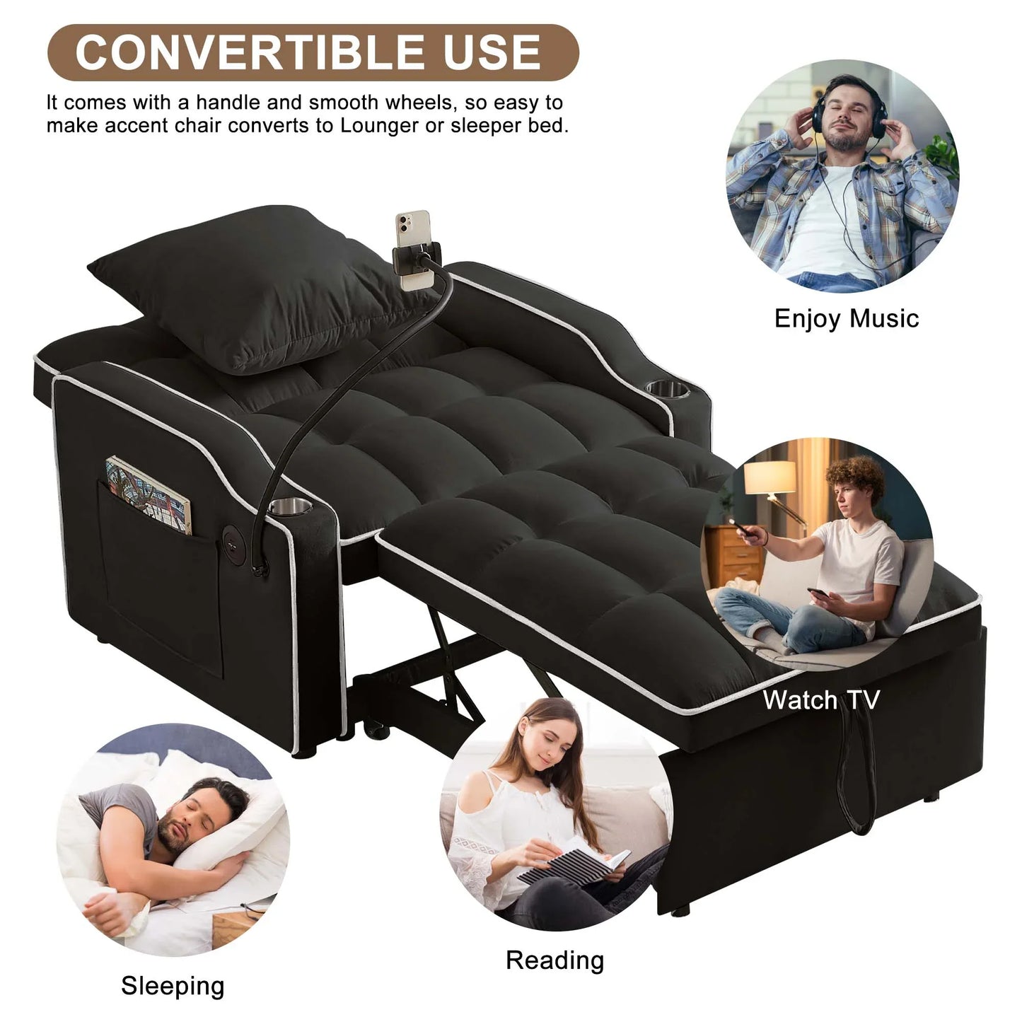 3-in-1 Convertible Sleeper Chair Bed with Charge Ports, Phone Stand and Cup Holders