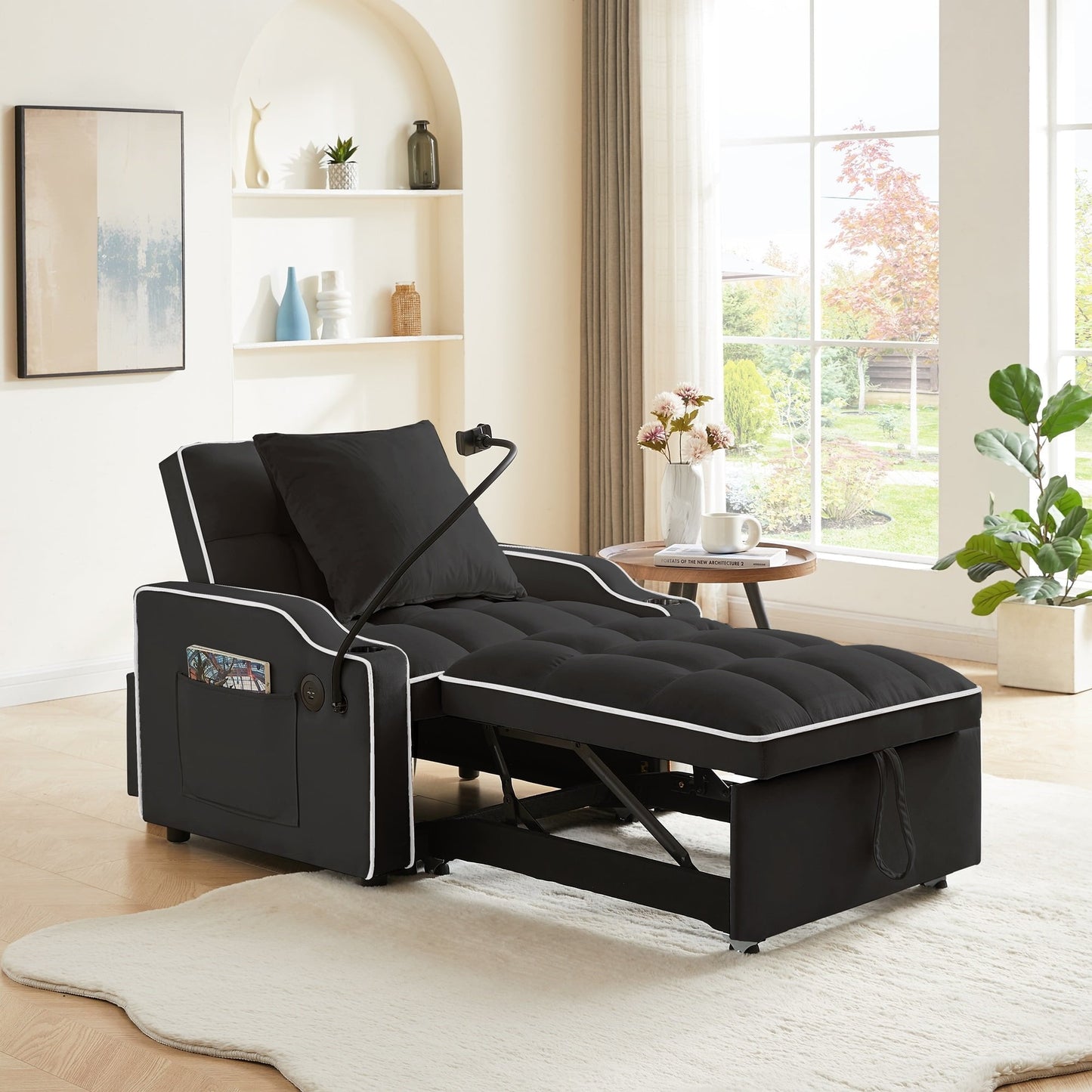 3-in-1 Convertible Sleeper Chair Bed with Charge Ports, Phone Stand and Cup Holders