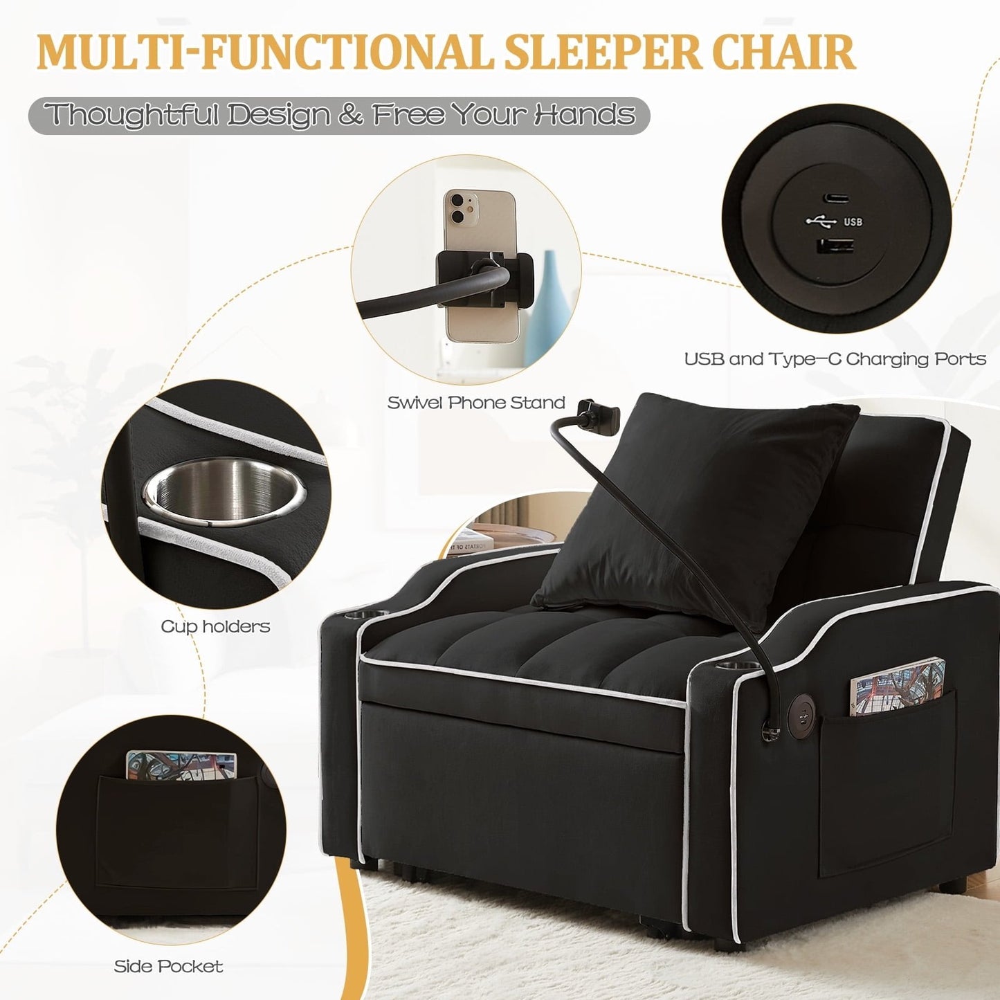 3-in-1 Convertible Sleeper Chair Bed with Charge Ports, Phone Stand and Cup Holders
