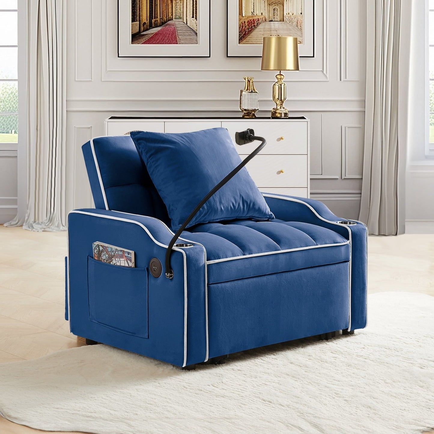 3-in-1 Convertible Sleeper Chair Bed with Charge Ports, Phone Stand and Cup Holders