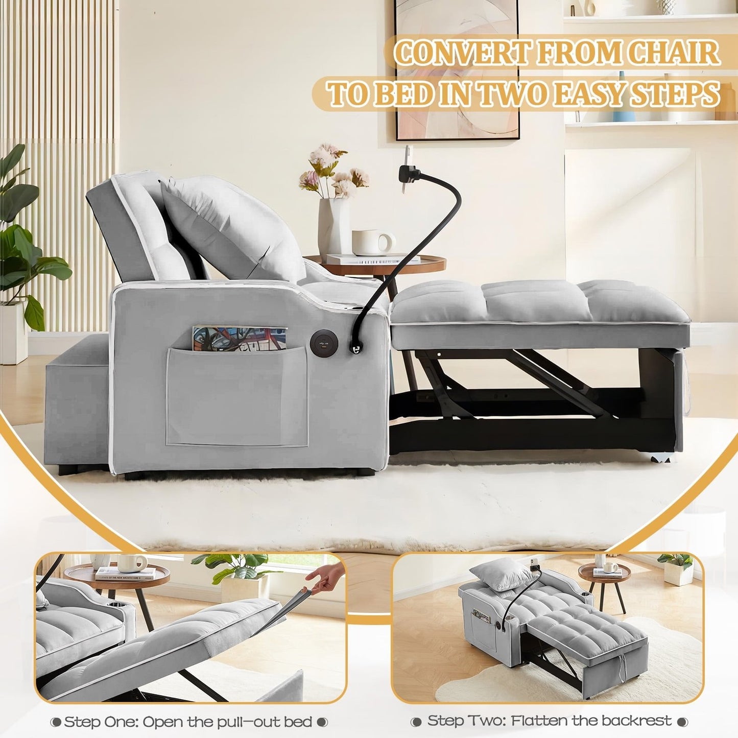 3-in-1 Convertible Sleeper Chair Bed with Charge Ports, Phone Stand and Cup Holders