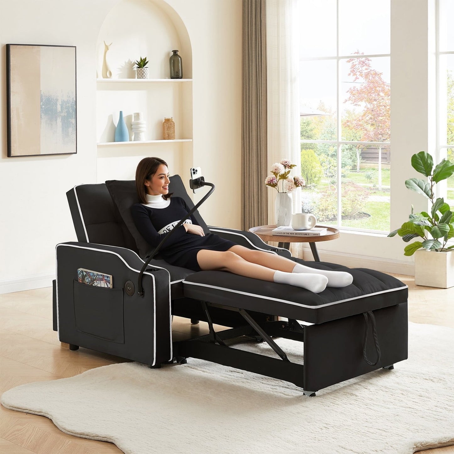 3-in-1 Convertible Sleeper Chair Bed with Charge Ports, Phone Stand and Cup Holders