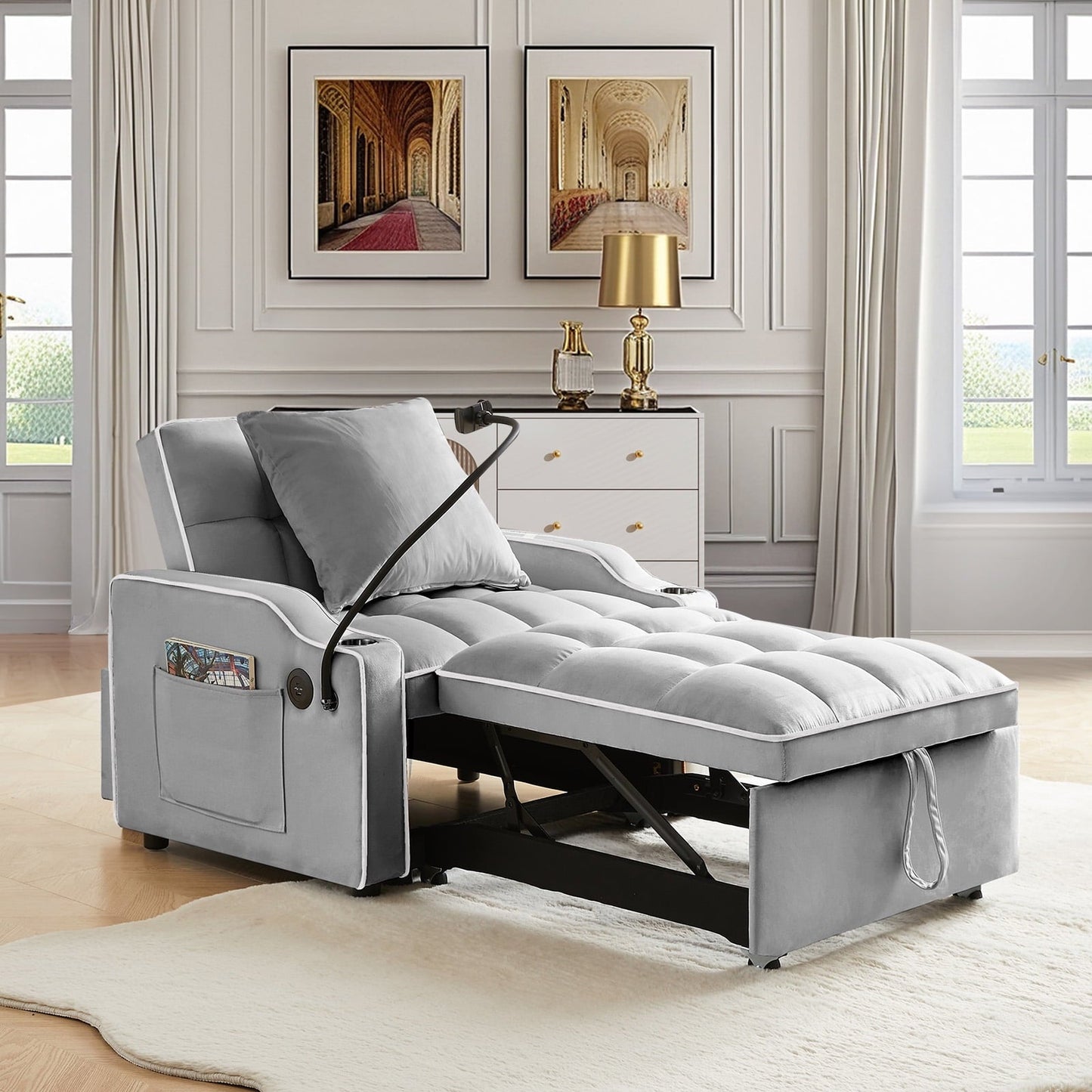 3-in-1 Convertible Sleeper Chair Bed with Charge Ports, Phone Stand and Cup Holders