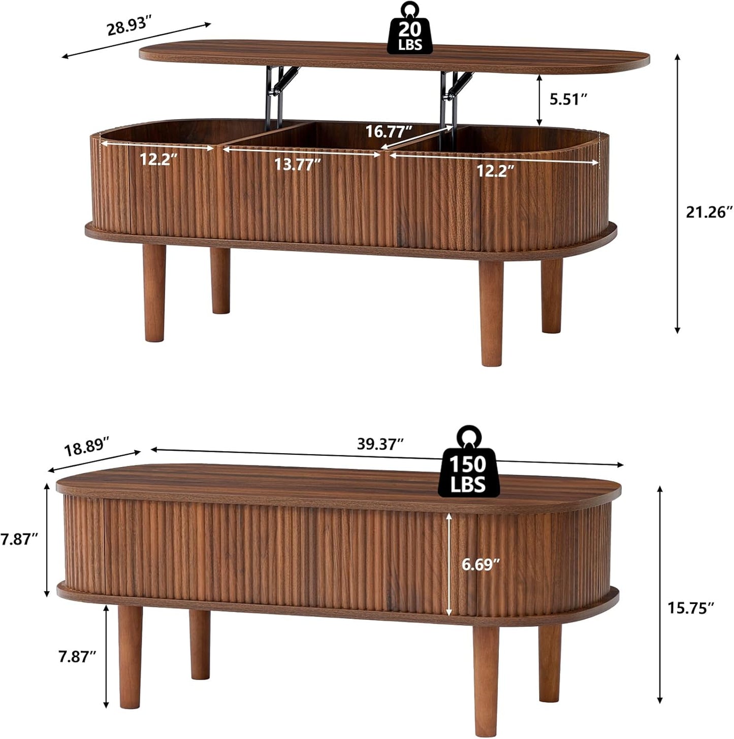 Fluted Lift Top Coffee Table with Hidden Compartment