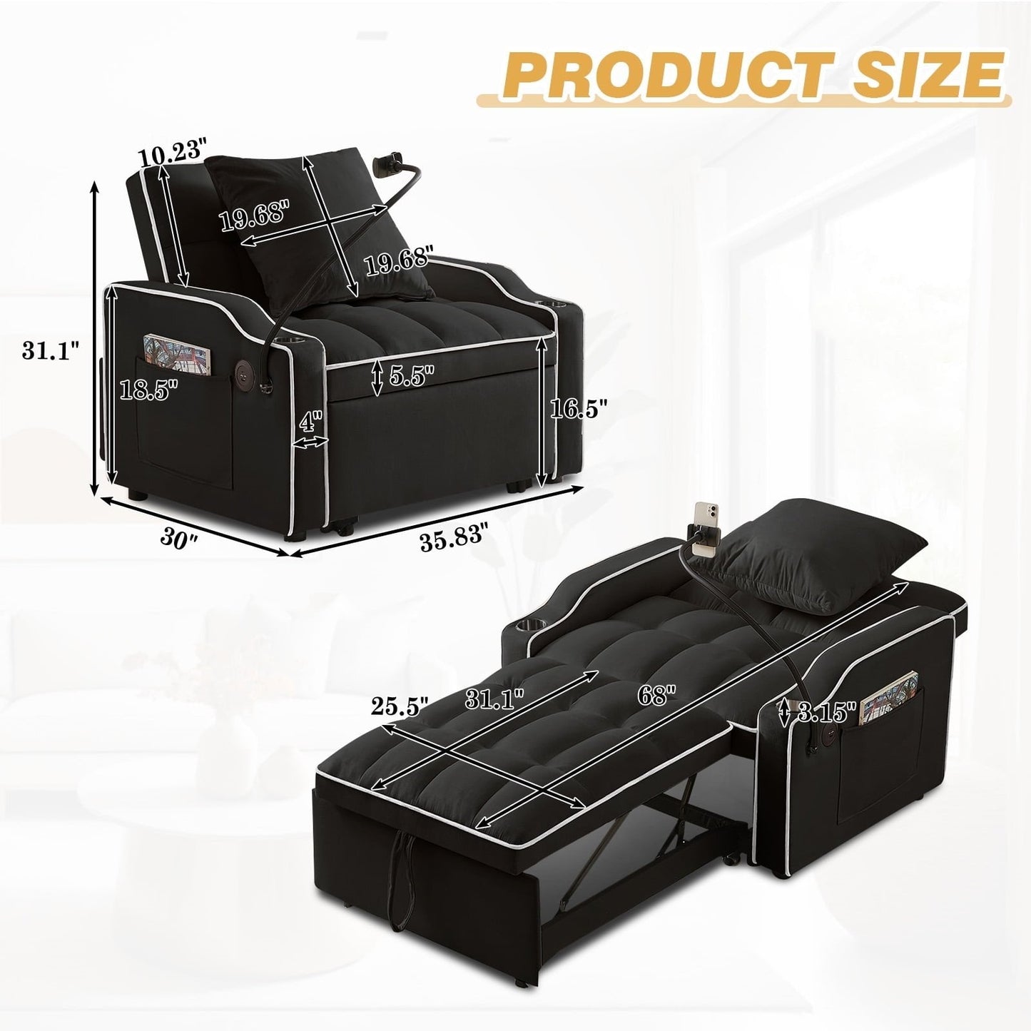 3-in-1 Convertible Sleeper Chair Bed with Charge Ports, Phone Stand and Cup Holders