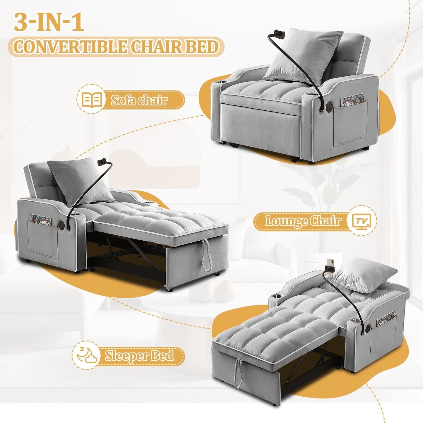 3-in-1 Convertible Sleeper Chair Bed with Charge Ports, Phone Stand and Cup Holders