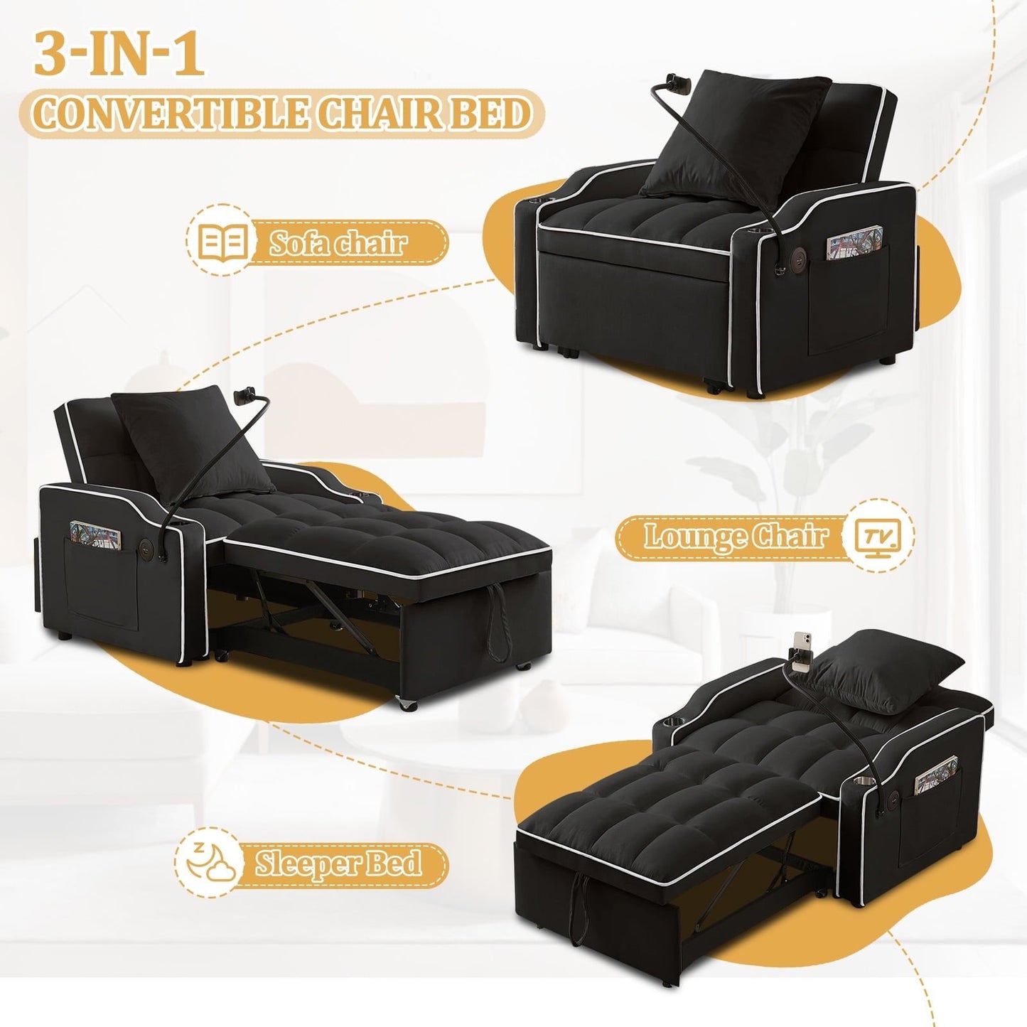 3-in-1 Convertible Sleeper Chair Bed with Charge Ports, Phone Stand and Cup Holders