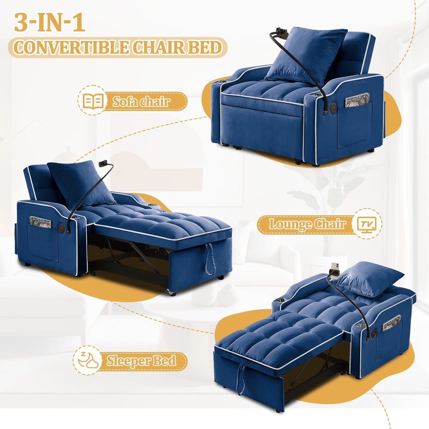 3-in-1 Convertible Sleeper Chair Bed with Charge Ports, Phone Stand and Cup Holders