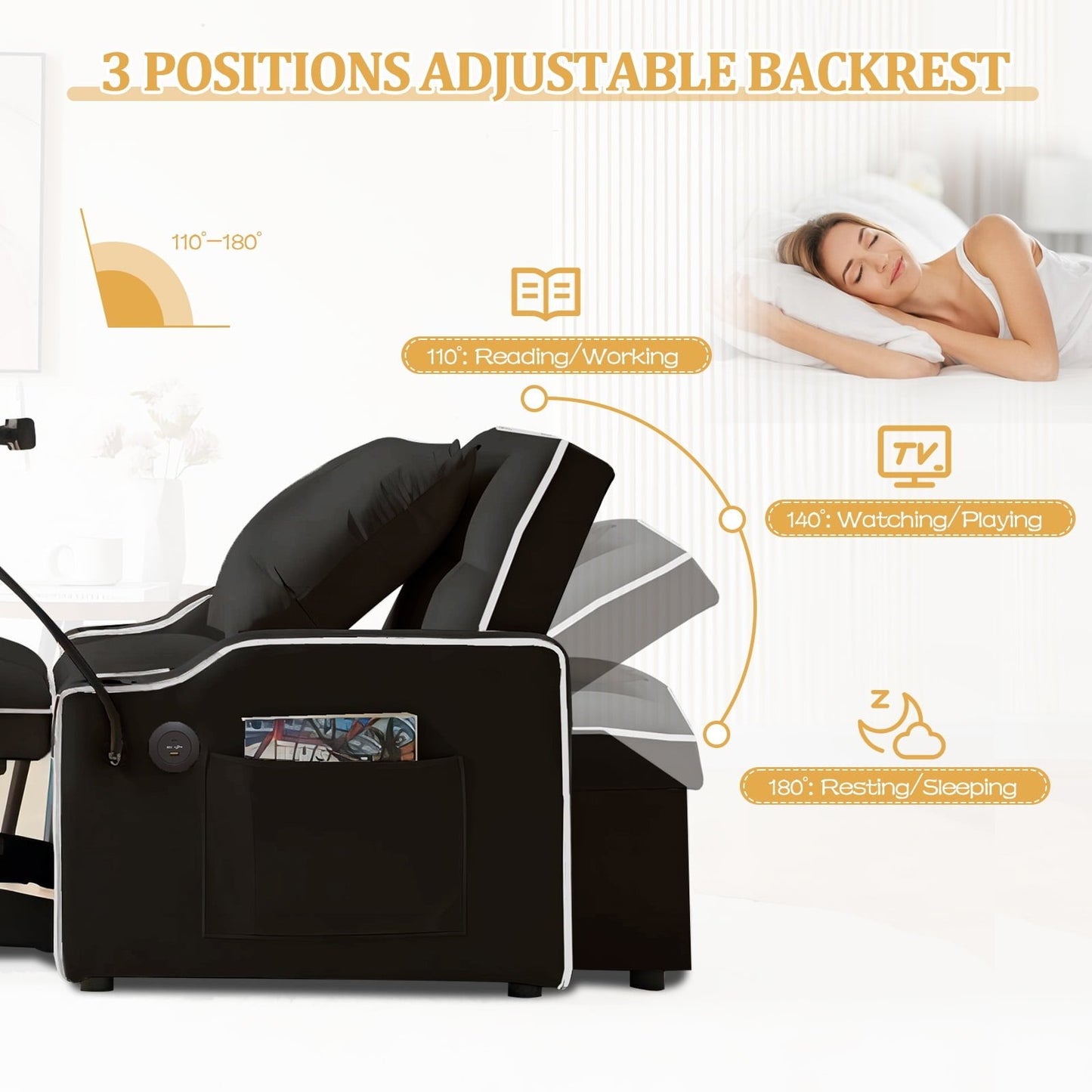 3-in-1 Convertible Sleeper Chair Bed with Charge Ports, Phone Stand and Cup Holders