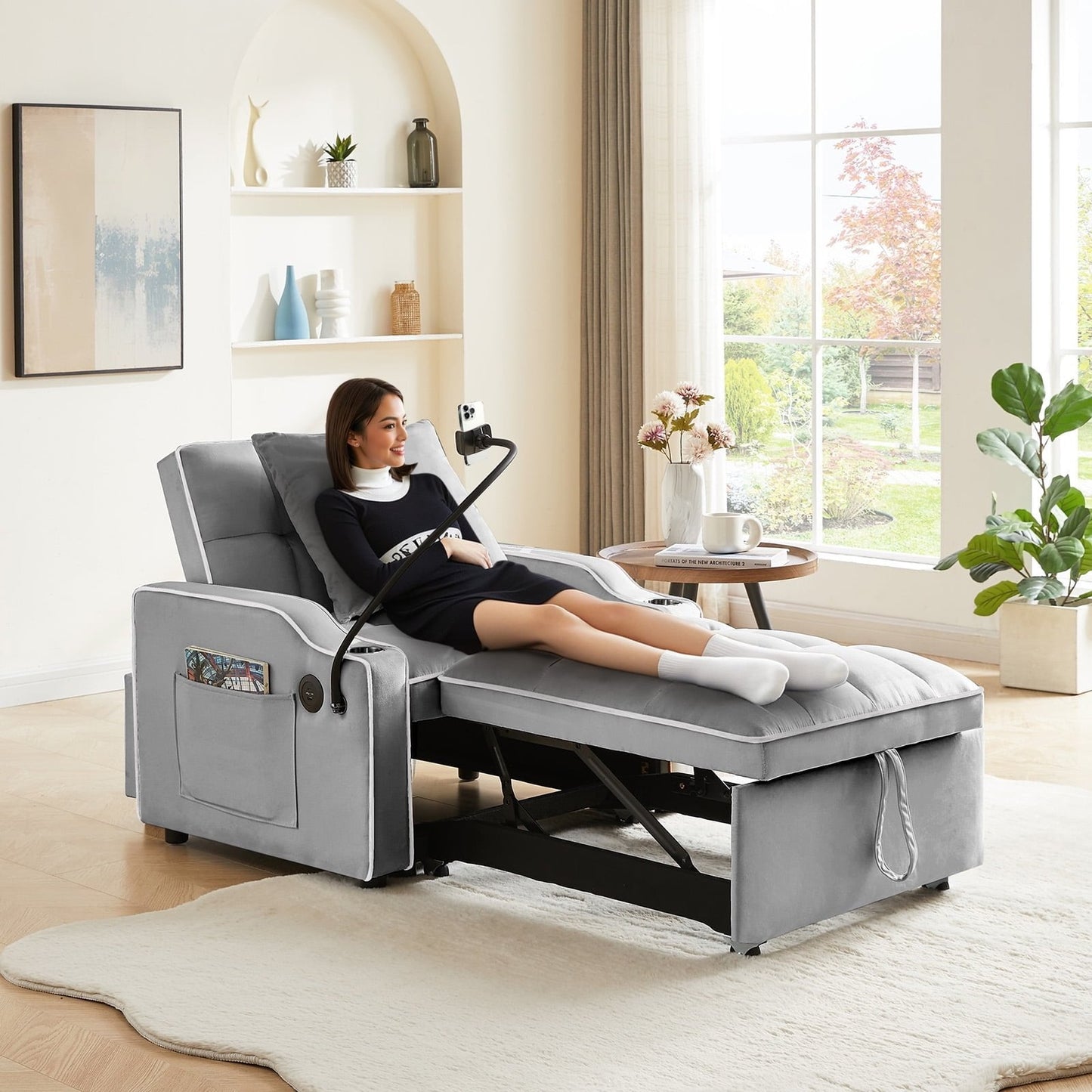 3-in-1 Convertible Sleeper Chair Bed with Charge Ports, Phone Stand and Cup Holders