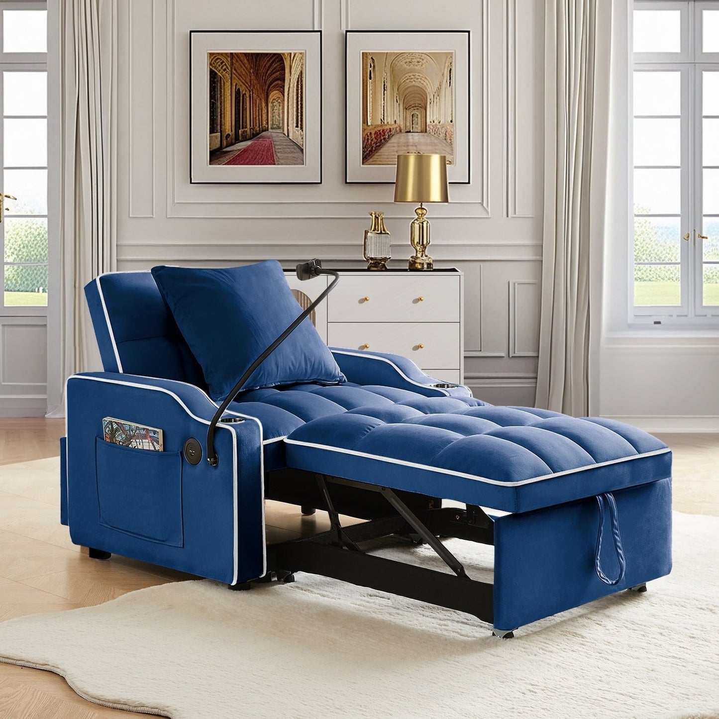 3-in-1 Convertible Sleeper Chair Bed with Charge Ports, Phone Stand and Cup Holders