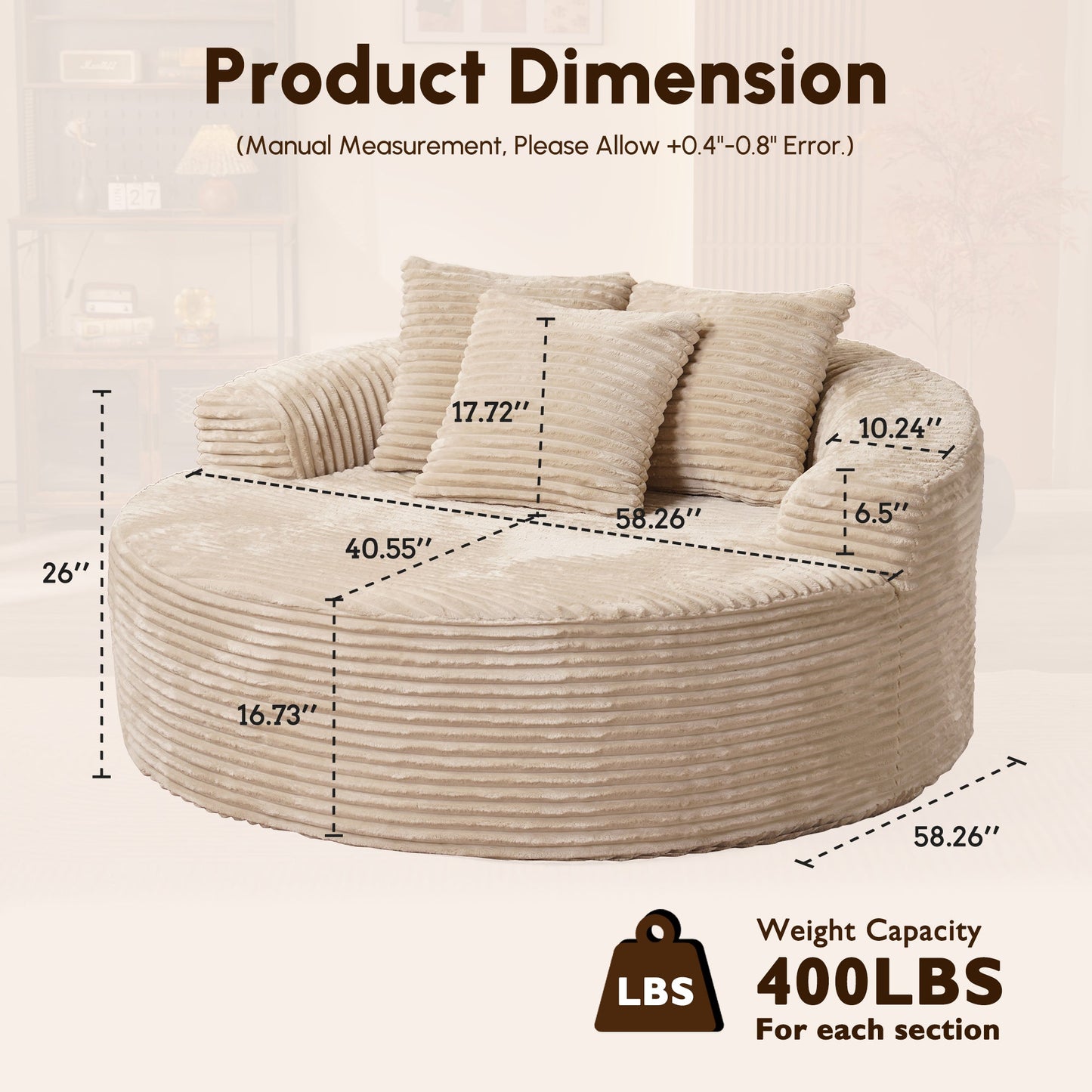 59" O-Shape Modular Couch, Plush Corduroy Fabric, No Assembly Required