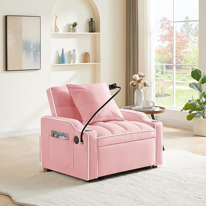 3-in-1 Convertible Sleeper Chair Bed with Charge Ports, Phone Stand and Cup Holders