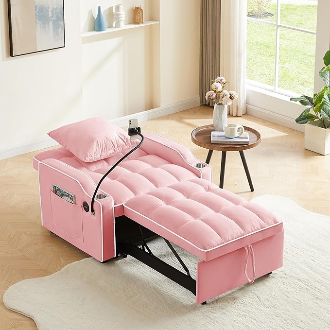 3-in-1 Convertible Sleeper Chair Bed with Charge Ports, Phone Stand and Cup Holders