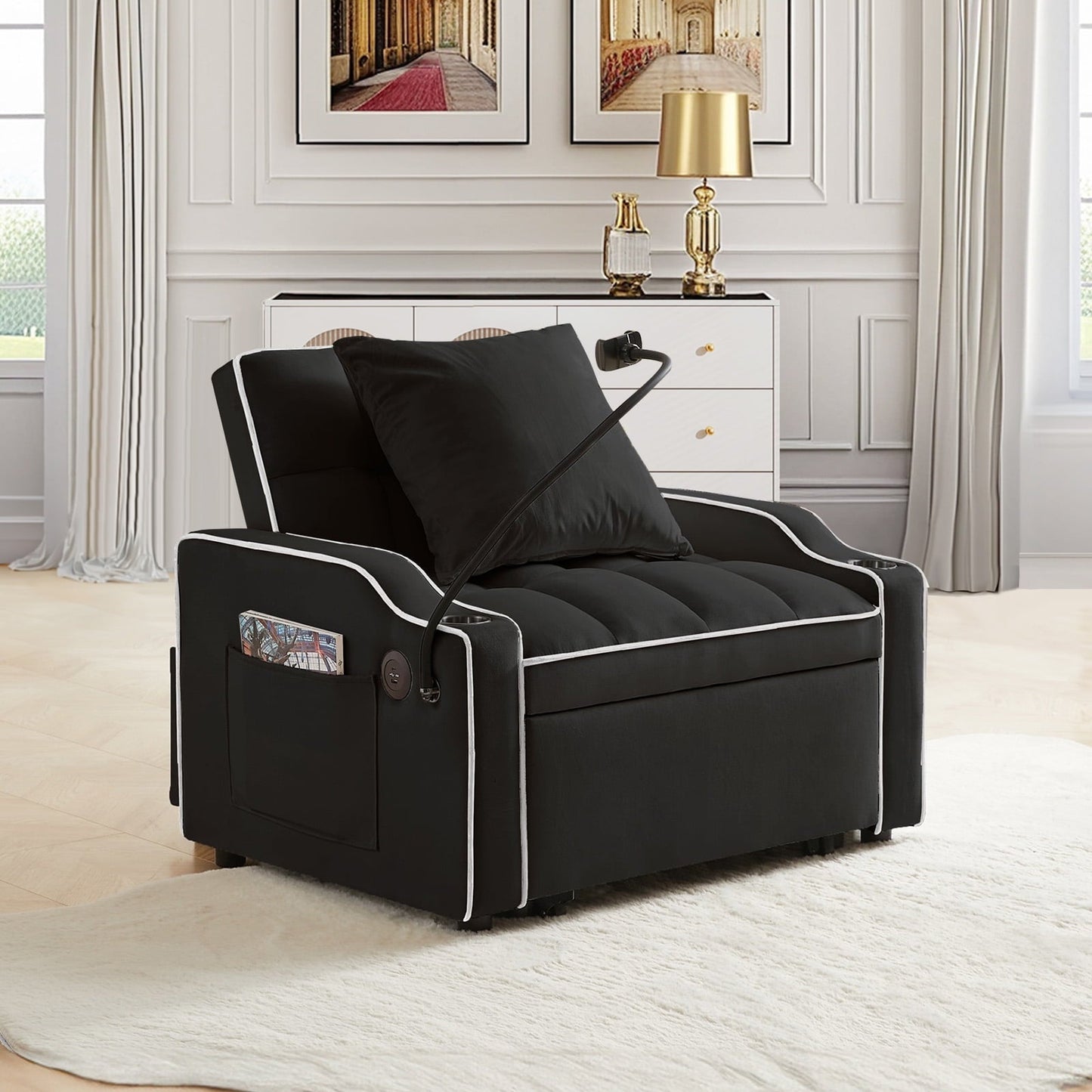 3-in-1 Convertible Sleeper Chair Bed with Charge Ports, Phone Stand and Cup Holders