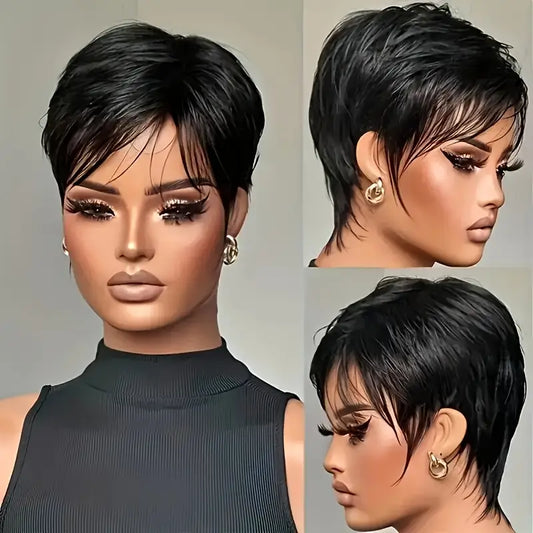 100% Human Hair Pixie Cut Wig for - Short Layered Style with Bangs, Rose