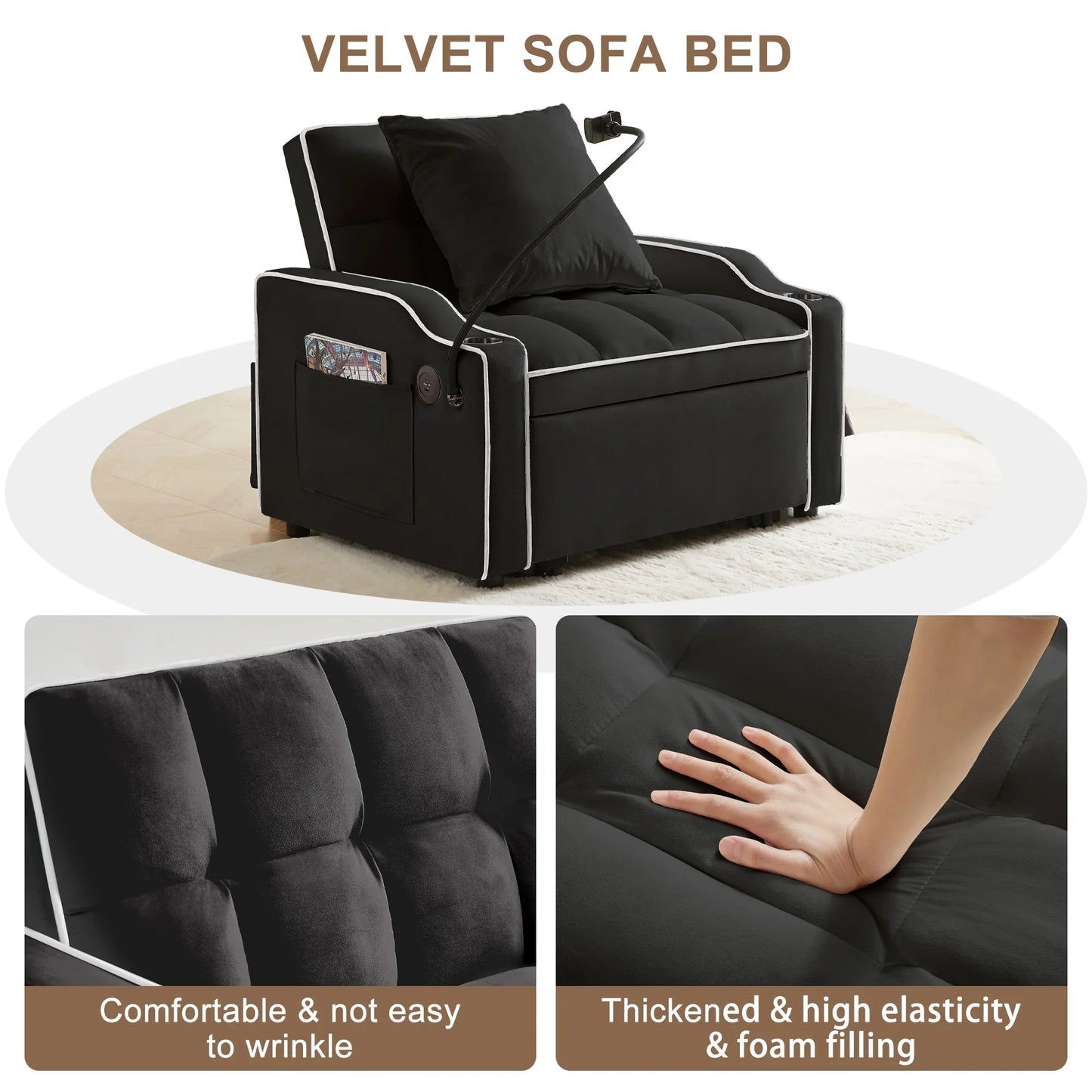 3-in-1 Convertible Sleeper Chair Bed with Charge Ports, Phone Stand and Cup Holders