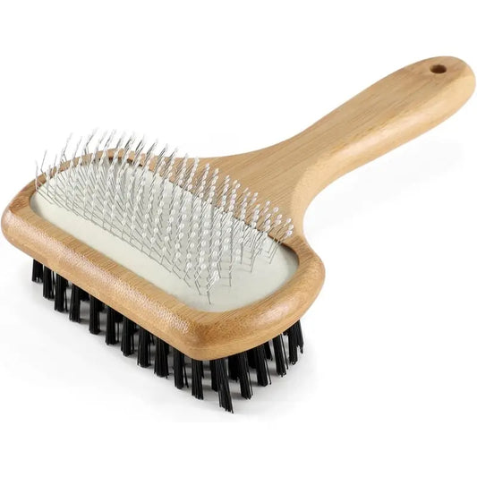 Double-Sided Dog & Cat Grooming Brush with Bamboo Handle & Stainless Steel Detangling System