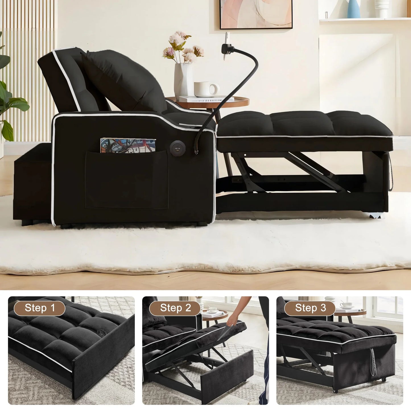 3-in-1 Convertible Sleeper Chair Bed with Charge Ports, Phone Stand and Cup Holders