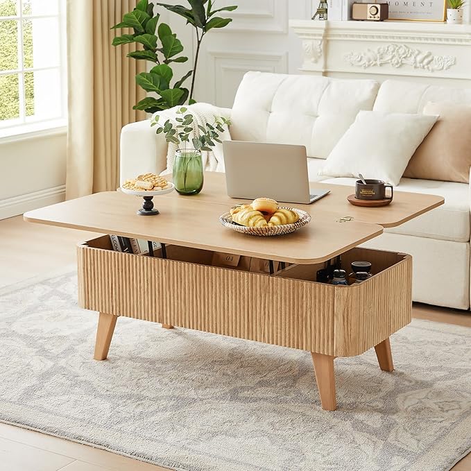 Fluted Lift Top Coffee Table with Hidden Compartment