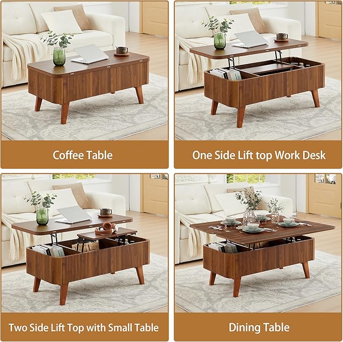 Fluted Lift Top Coffee Table with Hidden Compartment