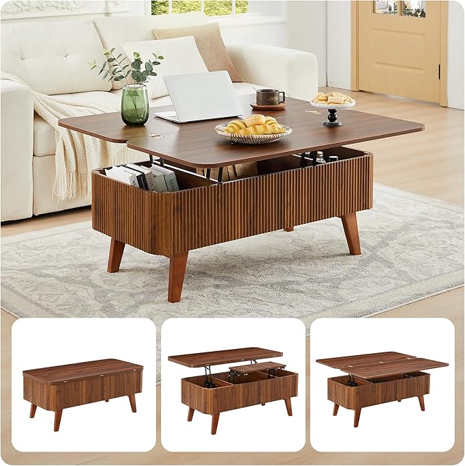 Fluted Lift Top Coffee Table with Hidden Compartment