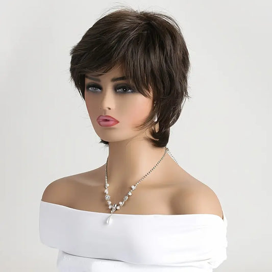 Elegant 12" Brown Short Curly Wig with Bangs for Women - Heat-Resistant Synthetic Fiber