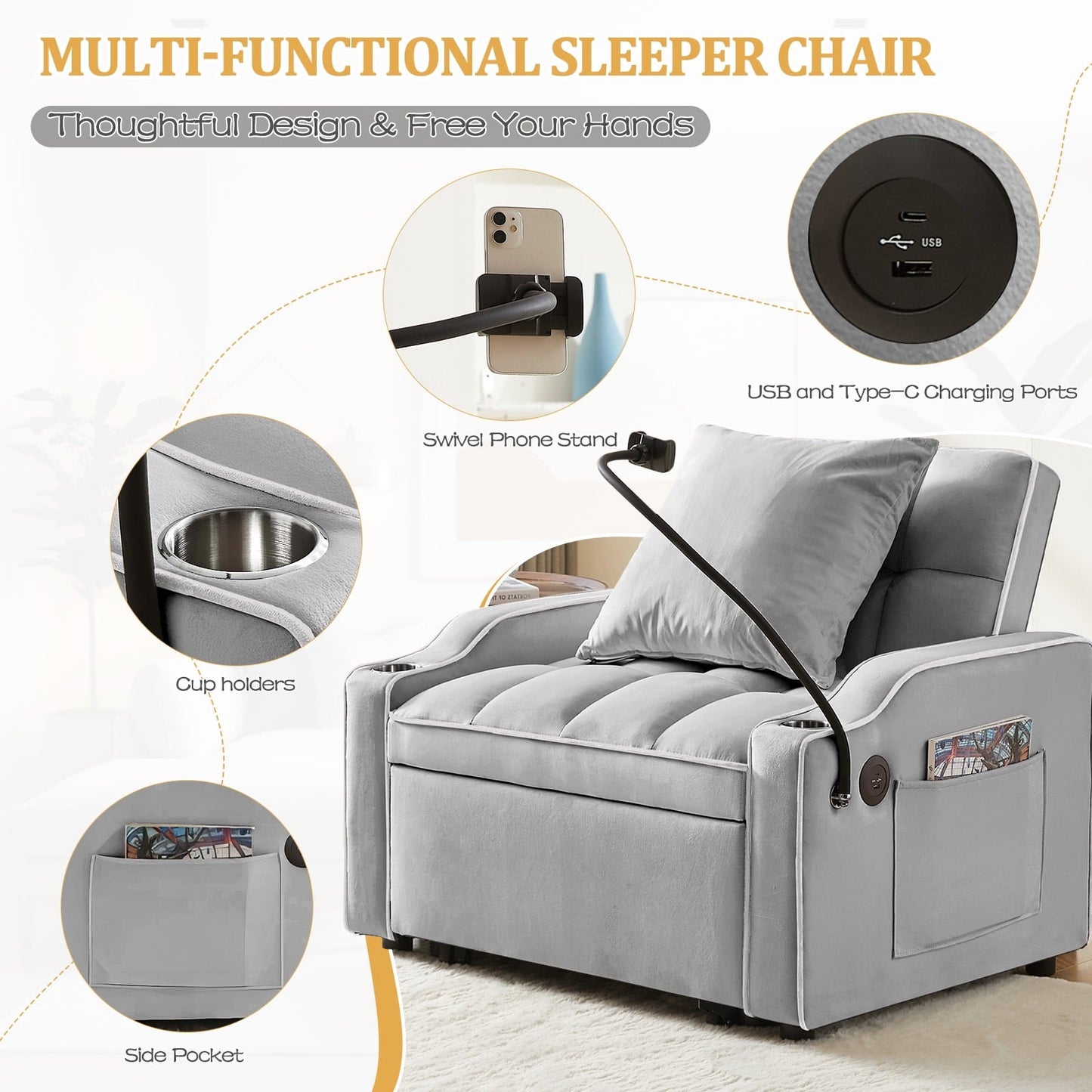 3-in-1 Convertible Sleeper Chair Bed with Charge Ports, Phone Stand and Cup Holders
